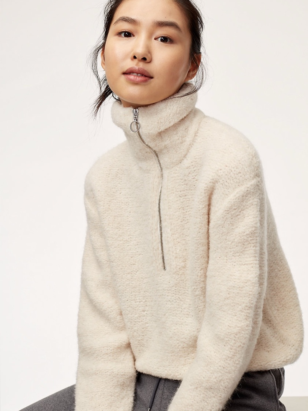 Aritzia Wilfred Gwyneth Cream Half-Zip Funnel Neck Sweater Alpaca Wool Italy